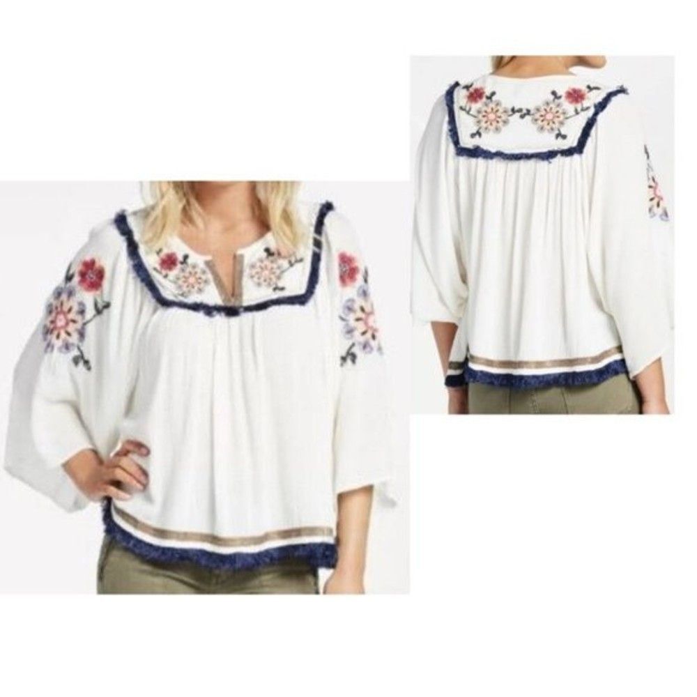 Women's Embroidered Blouse Blue Frayed X-Small - Picture 4 of 13